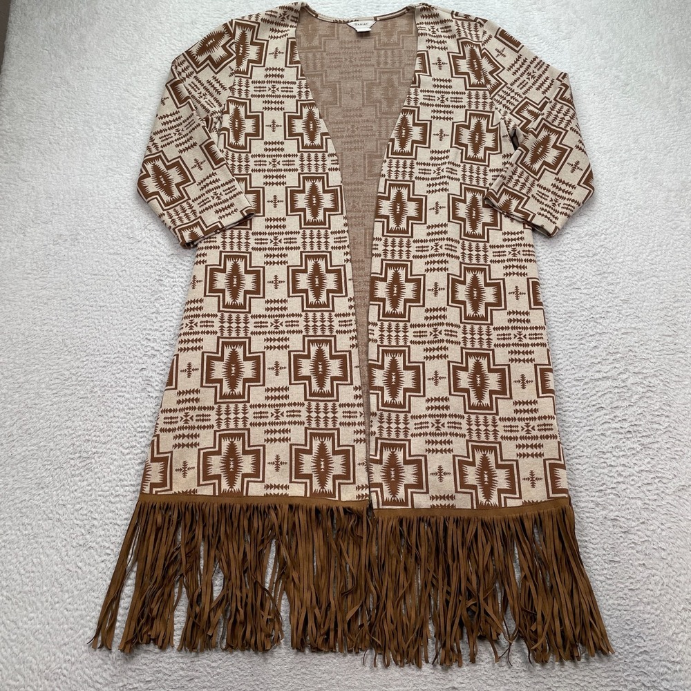 Ariat Long Fringed Cardigan Women's Size Large Duster Brown Tan Native